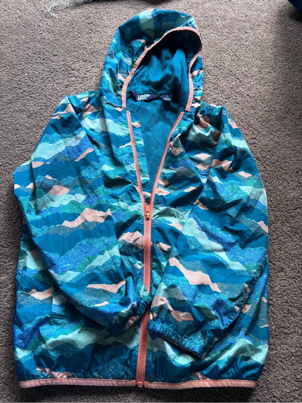 Lands' End Teal, Aqua & Coral Wave-Print Hooded Raincoat